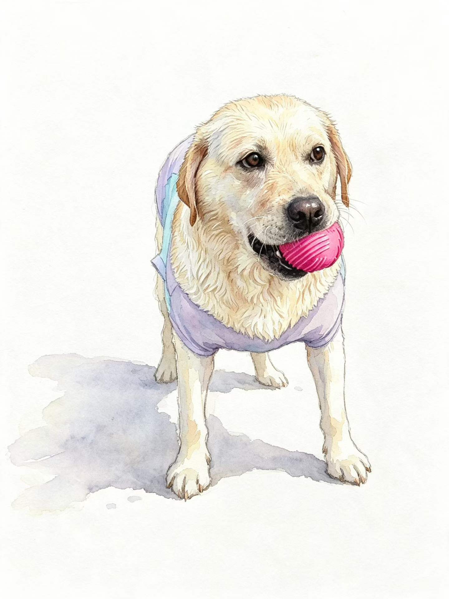 Watercolor Labrador holding a pink toy ball