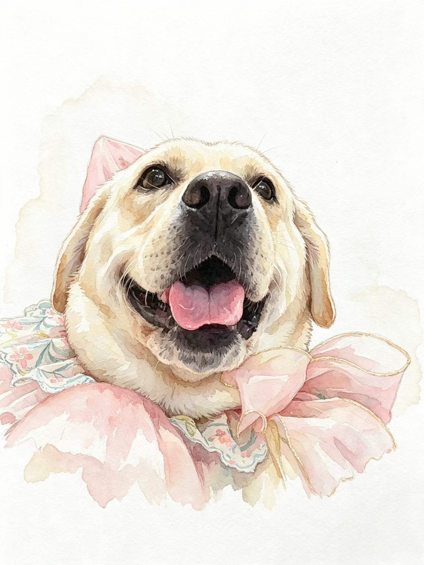 Watercolor Labrador wearing a pink bow
