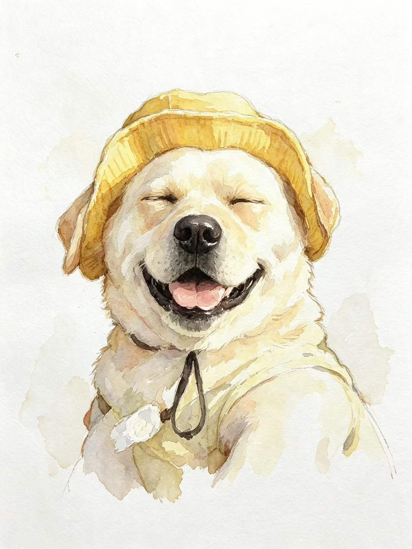 Watercolor Labrador wearing a yellow hat